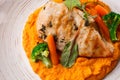 Chicken breast steak with carrot puree baby carrot and broccoli. Grilled chicken slice with baby carrot puree. wooden Royalty Free Stock Photo