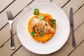 Chicken breast steak with carrot puree baby carrot and broccoli. Grilled chicken slice with baby carrot puree. wooden Royalty Free Stock Photo