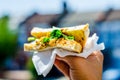 Chicken breast in tikka spices, served with onion bhaji, crisp spinach and crunchy cucumber, all in sandwich Royalty Free Stock Photo