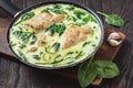 Chicken breasts in creamy sauce wth spinach.