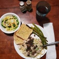 Chicken Broccoli Alfredo, topped with sauteed mushrooms & a side of garlic asparagus! Royalty Free Stock Photo