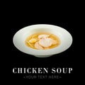Chicken broth bouillon with quail eggs and noodles isolated on black background ready food banner with text space