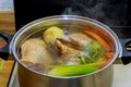 Chicken broth with pieces of vegetables in a metal pot before cooking with chicken soup with vegetables in preparation process Royalty Free Stock Photo
