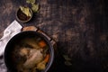 Chicken broth soup or bouillon in pan Royalty Free Stock Photo