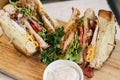 Chicken burger bacon egg salad club sandwich set Royalty Free Stock Photo