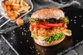 Chicken burger with cheese, tomatoes, lettuce, sauce and fried stick balls, french fries on slate black background, close up Royalty Free Stock Photo
