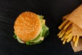 Chicken Burger with French Fries Garnish Top View Royalty Free Stock Photo