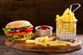 Chicken burger with french fries Royalty Free Stock Photo