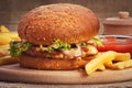 Chicken burger with fries and tomato sauce