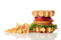 waffle sandwich with french fries on white