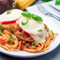 Chicken caprese with tomato and mozzarella cheese, served with linguine, tomato pasta sauce and basil, square format Royalty Free Stock Photo