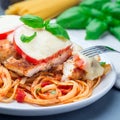 Chicken caprese with tomato and mozzarella cheese, served with linguine, tomato pasta sauce and basil, square format Royalty Free Stock Photo