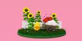 Chicken carries a big festive egg in a cart with flowers,