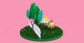 Chicken carries a big festive egg in a cart with flowers