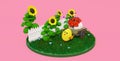 Chicken carries a big festive egg in a cart with flowers, the chicken is harnessed to a cart, easter composition with sunflowers 3