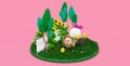 Chicken carries a large festive egg in a basket with flowers, a chicken pulled into a cart, Easter