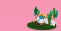 Chicken carries a large festive egg in a basket with flowers, a chicken pulled into a cart, Easter