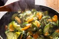 Chicken. carrot and zucchini on pan vegetable food, nobody