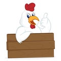 Chicken cartoon leaning on wooden plank