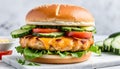 chicken cheese burger in the table. Generative ai Royalty Free Stock Photo