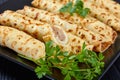 Chicken cheese pate stuffed crepes, close-up Royalty Free Stock Photo