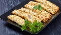 Chicken cheese pate stuffed crepes, top view Royalty Free Stock Photo