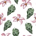 Anthurium crystal and tropical flower watercolor seamless pattern