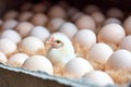 Chicken among chicken eggs in a poultry farm. The concept of the food industry, the production of chicken eggs Royalty Free Stock Photo