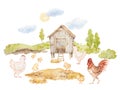 Chicken with Chickens Watercolor Clipart, Farm Watercolor Clip Art