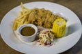 Chicken Chop with fries, coleslaw and corn. Royalty Free Stock Photo