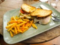 Chicken club sandwich on a white plate with spicy french fries. Very Shallow depth of field Royalty Free Stock Photo