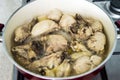 Chicken cooked in oven, chicken cooked in the style of chicken, chopped chicken, chicken pieces, chicken pieces in pots, raw chick