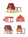 Chicken coop. Hen comfortable house in village broiler farms poultry garish vector flat wooden constructions set