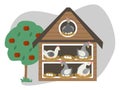 Chicken coop vector illustration. Hens incubate eggs in nests in henhouse. Farming and rearing poultry