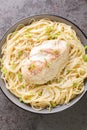 Chicken, cream of chicken soup, cream cheese, butter, broth served over angel hair pasta closeup in the bowl. Vertical top view Royalty Free Stock Photo