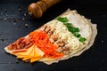 chicken crepe, thin crepe pancake with chicken, ham and cheese Royalty Free Stock Photo