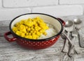 Chicken curry with chickpeas and rice in a vintage enamel bowl