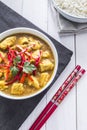Chicken curry, with onions and chilli