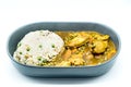 Chicken curry with rice and green bean on plate isolated on white background Royalty Free Stock Photo