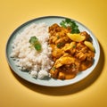 Delicious Chicken Curry And Rice: A Mouthwatering Dish On A Yellow Plate Royalty Free Stock Photo