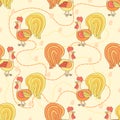 Chicken cute pattern. Seamless background with rooster. Cartoon pattern.