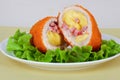 Chicken cutlet with cheese, ham and salad Royalty Free Stock Photo