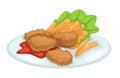 Chicken cutlet with french fries ketchup and lettuce on plate