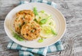 Chicken cutlets with lemon and herbs on a white plate