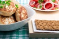 Chicken cutlets, salad of fresh tomatoes and rye biscuit Royalty Free Stock Photo