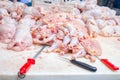 Chicken. Cutting shop of a poultry farm. Butcher is chopping a c