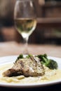 Chicken dish with cream and broccoli and a glass of white wine. Italian fine dinning Royalty Free Stock Photo