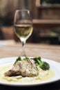 Chicken dish with cream and broccoli and a glass of white wine. Italian fine dinning Royalty Free Stock Photo