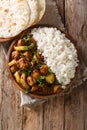 Chicken Do Pyaaza cooked in a variety of spices, yogurt and kasoori methi served with rice and flatbread. Vertical top view Royalty Free Stock Photo