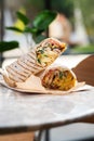 Chicken doner kebab and fresh vegetables in roll of pita bread lavash - Durum Chicken Doner Kebab Royalty Free Stock Photo